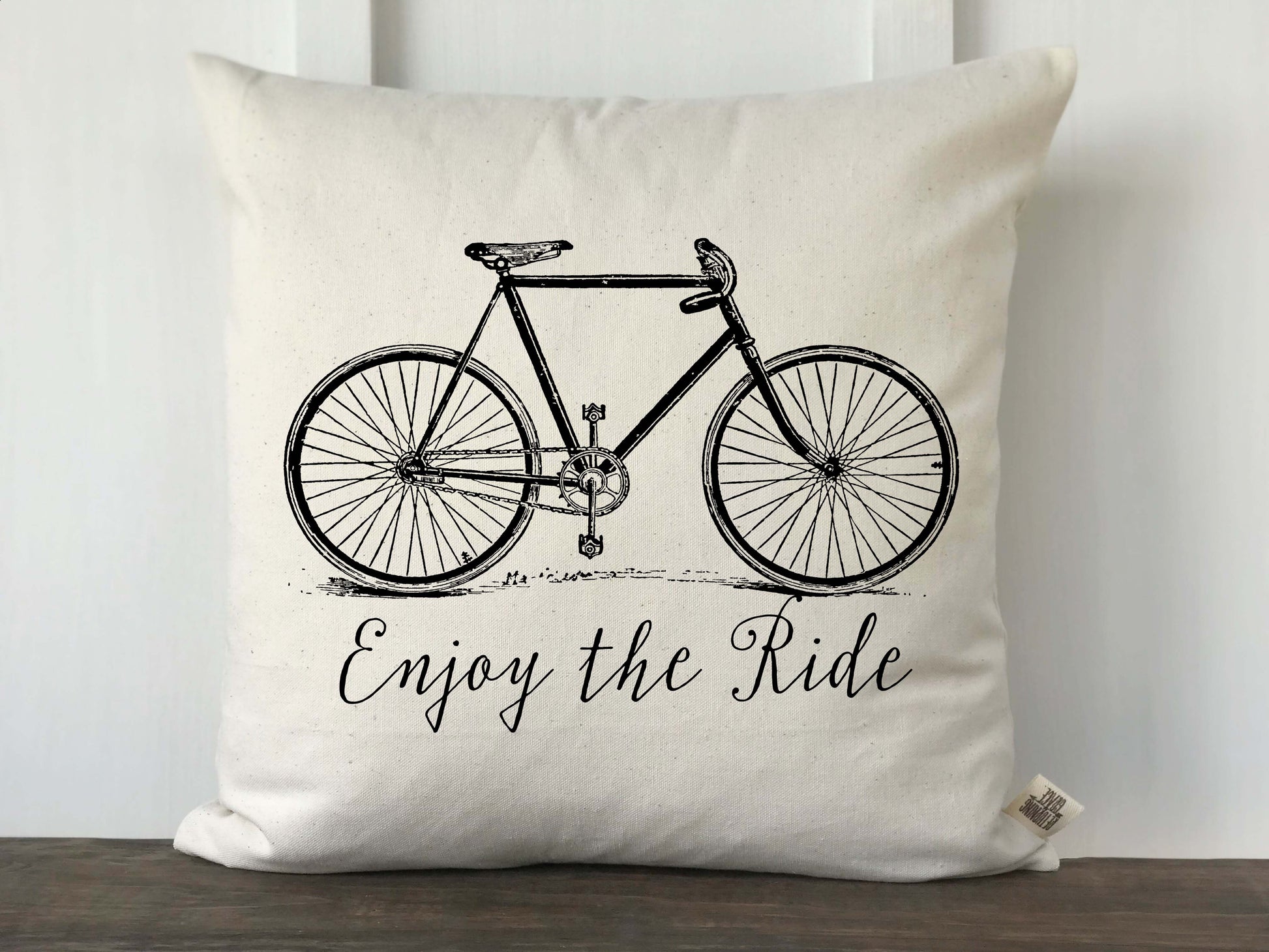 Vintage Bicycle Enjoy the Ride Canvas Pillow Cover in English - Returning Grace Designs