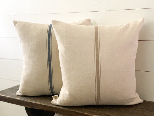 Grain Sack Fabric Pillow Cover - Blue or Tan Stripe