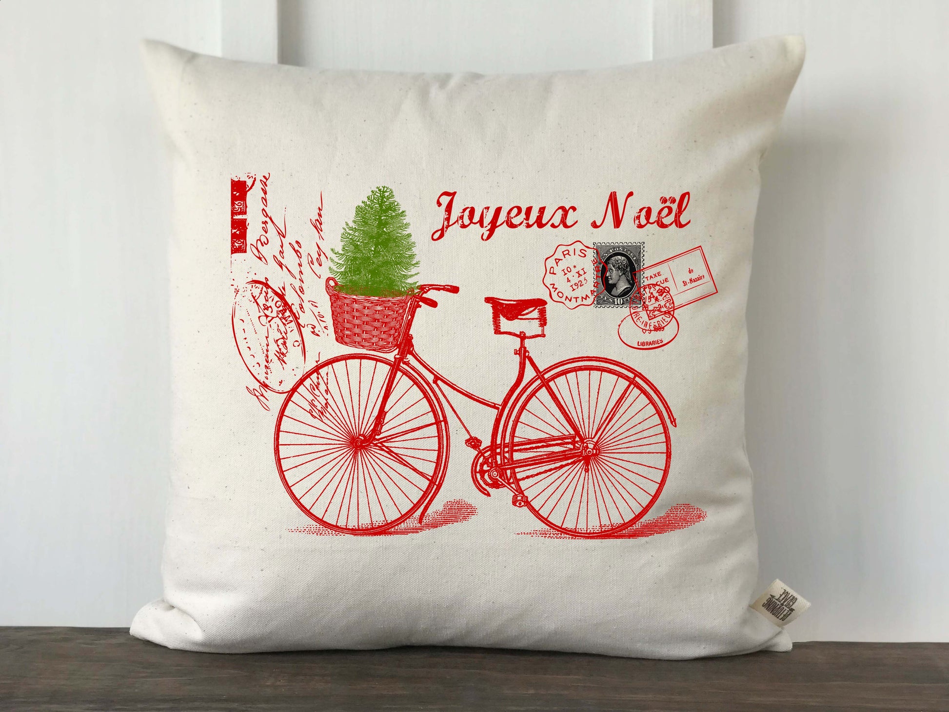 Joyeux Noel French Bicycle Pillow Cover - Returning Grace Designs