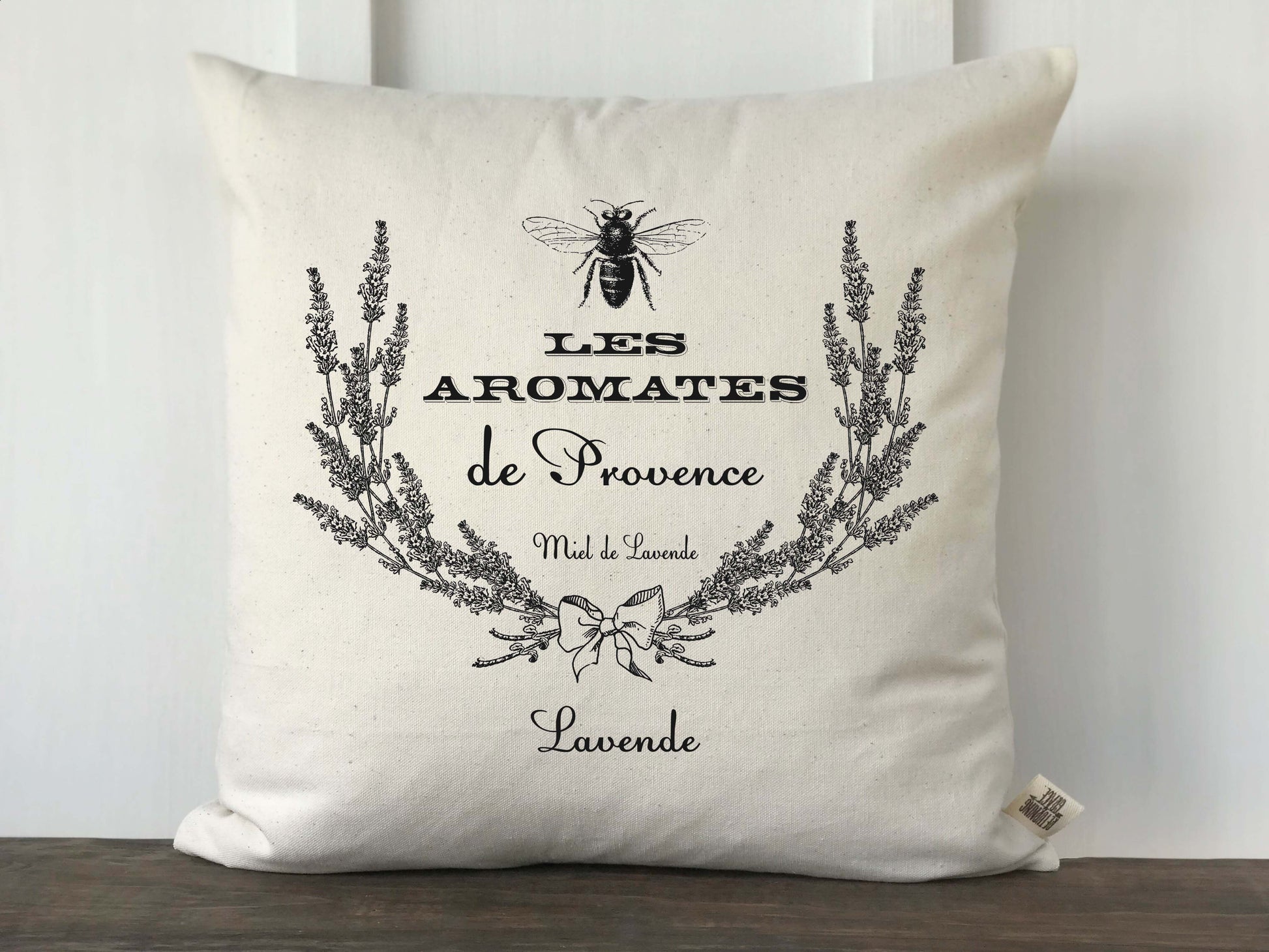 French Farmhouse Lavender Wreath Bee Graphic Canvas Pillow Cover - Returning Grace Designs