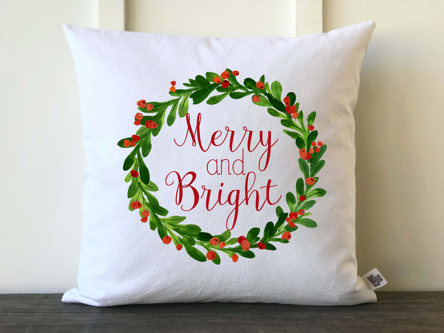 Merry and Bright Watercolor Holly Wreath Farmhouse Pillow Cover - Returning Grace Designs
