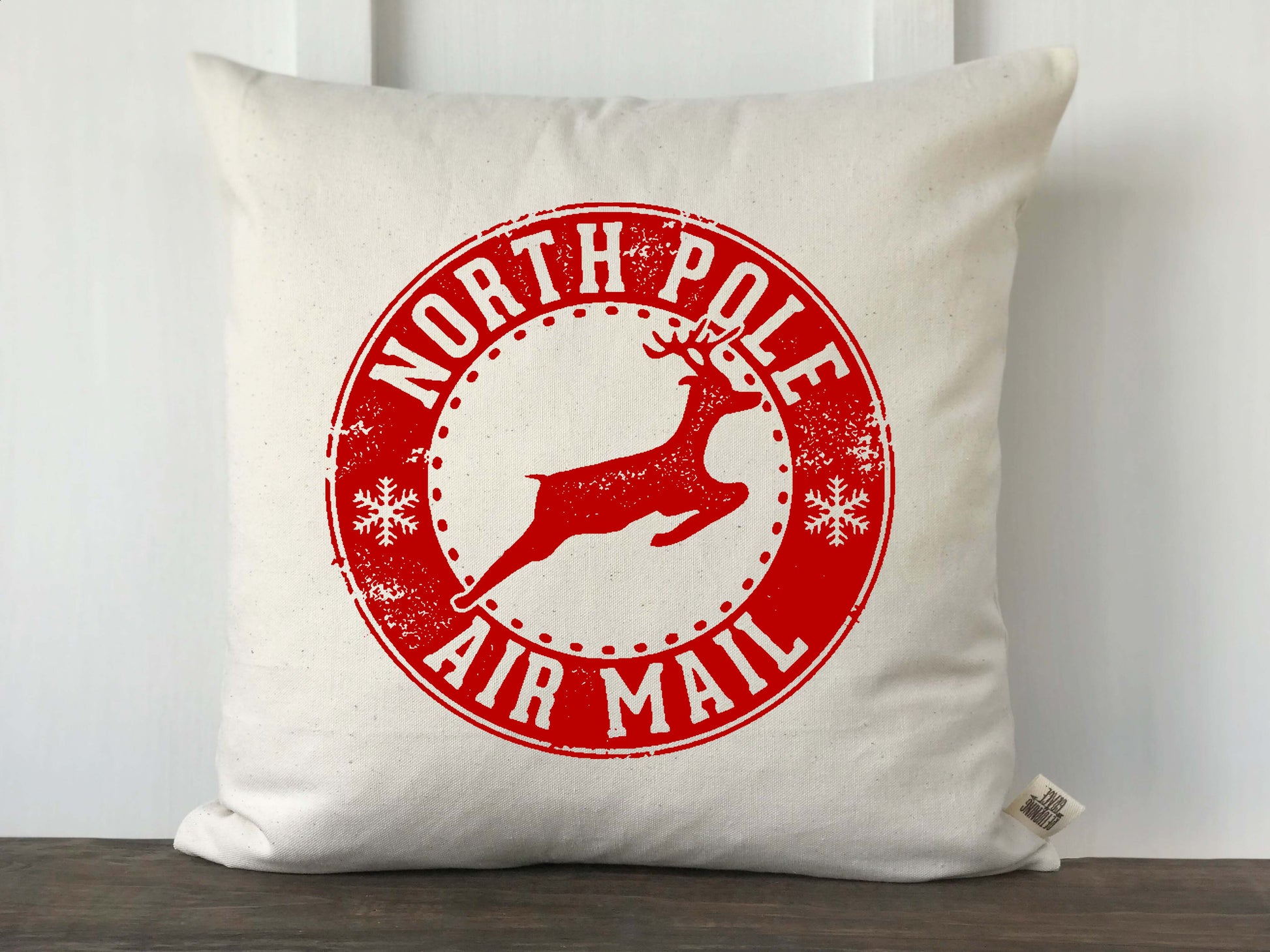 North Pole Air Mail Reindeer Postmark Christmas Pillow Cover - Returning Grace Designs