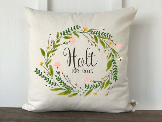 Spring Wreath Floral Watercolor Personalized Pillow Cover - Returning Grace Designs