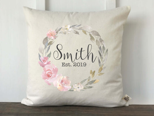 Personalized Pink and Gray Watercolor Floral Wreath Pillow Cover - Returning Grace Designs