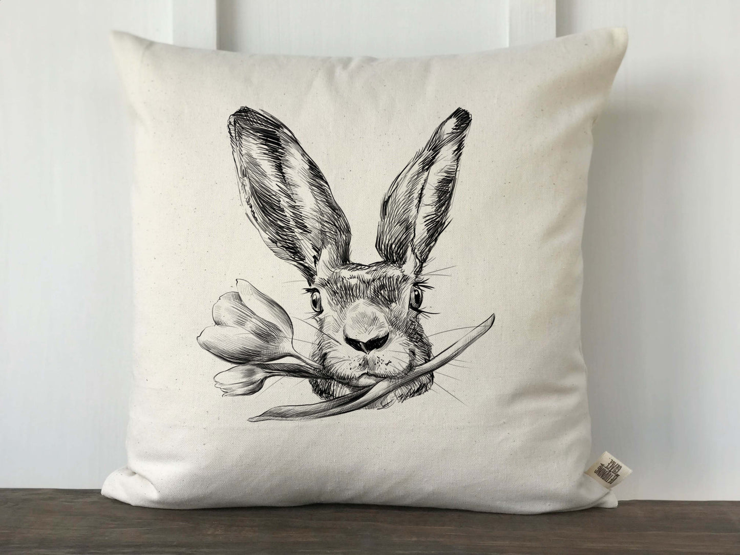Hand drawn Rabbit Face with Flower Pillow Cover - Returning Grace Designs