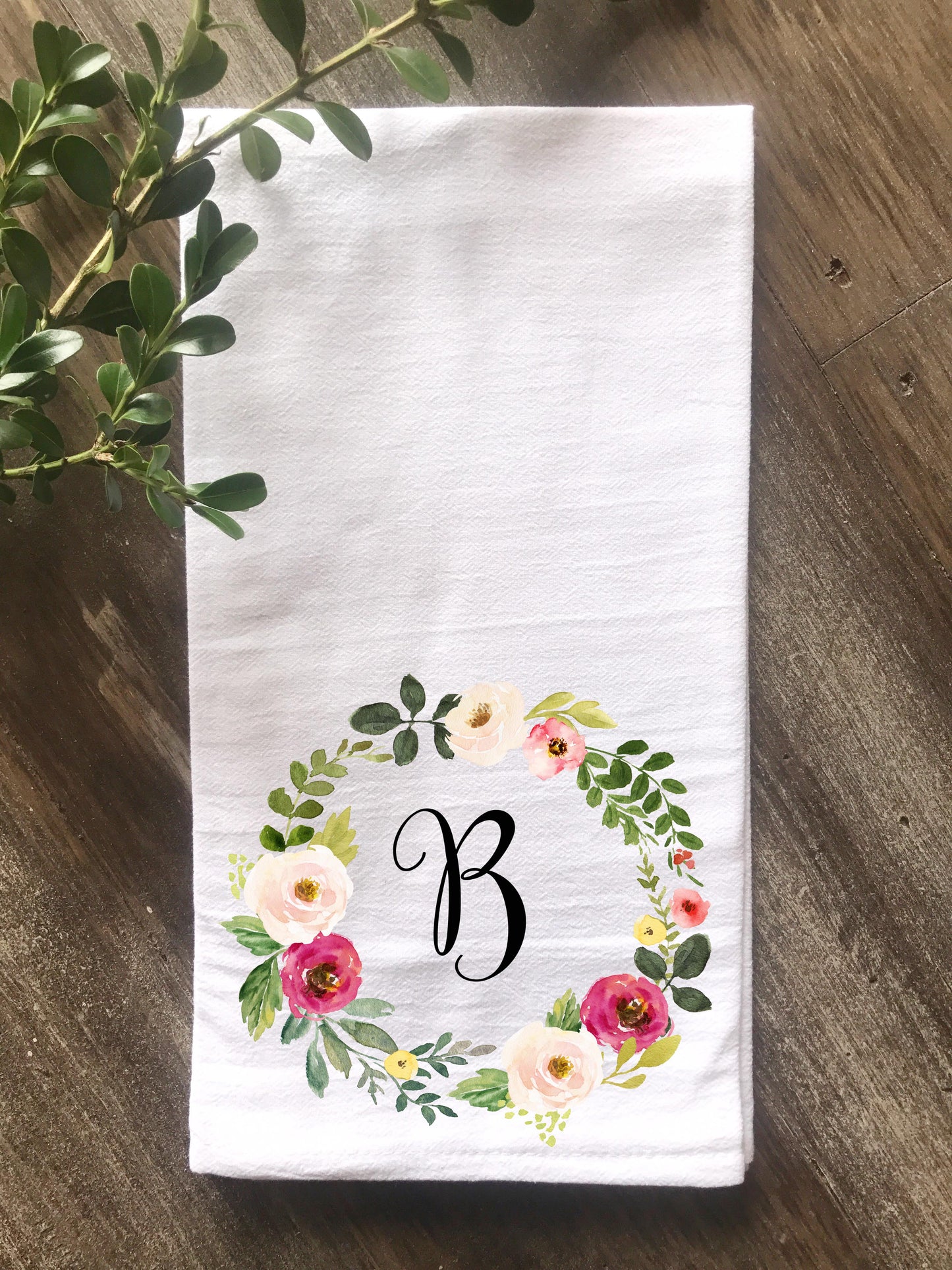 Watercolor Pink Floral Wreath Personalized Flour Sack Towel - Returning Grace Designs