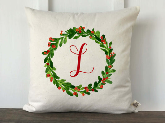Christmas Holly Wreath Personalized Farmhouse Pillow Cover - Returning Grace Designs
