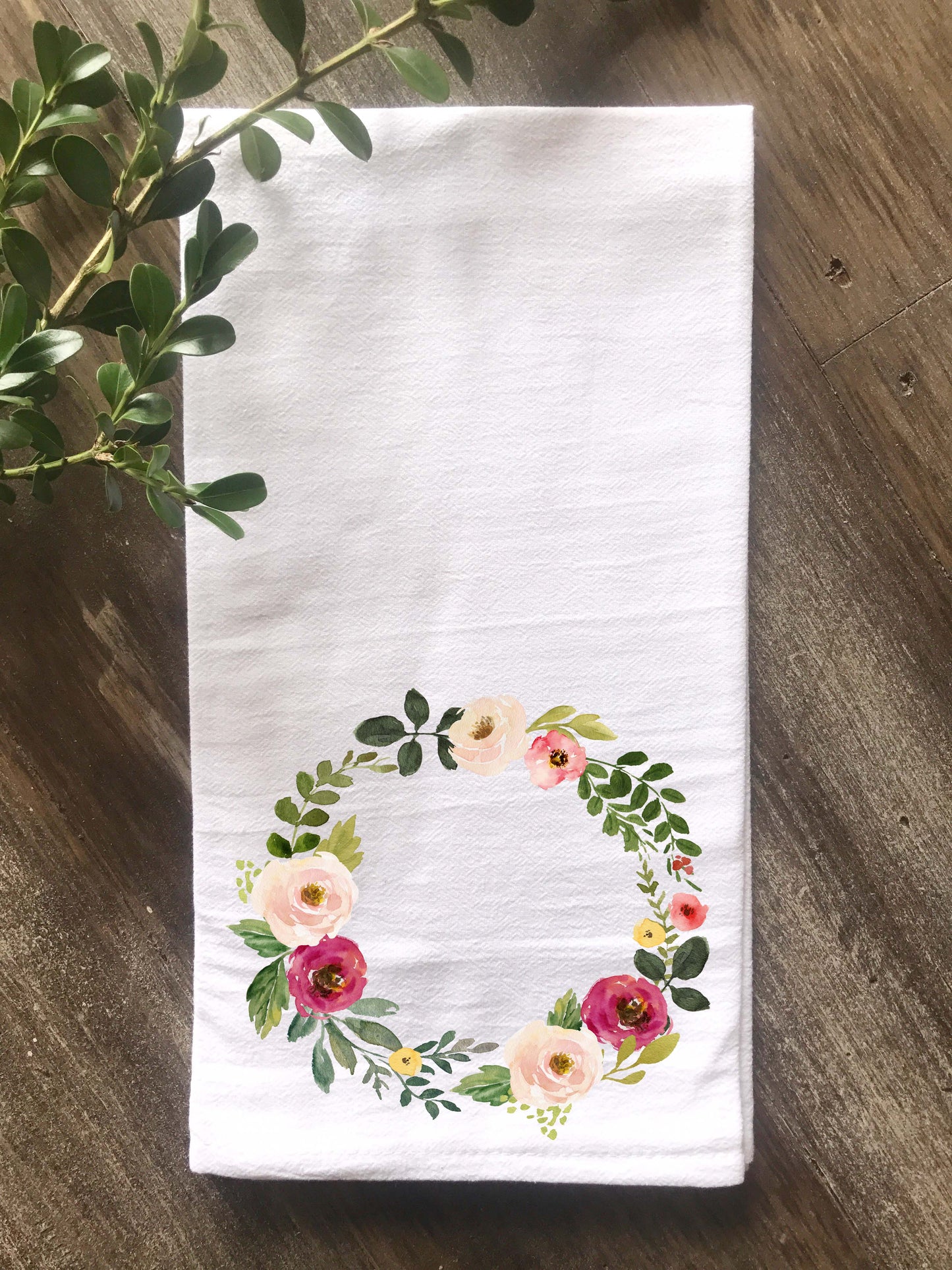 Watercolor Pink Flower Wreath Flour Sack Towel - Returning Grace Designs
