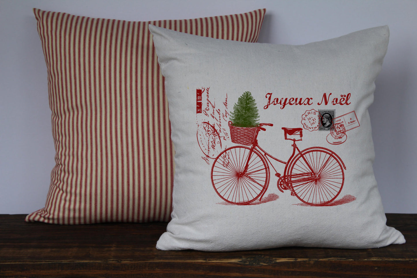 Joyeux Noel French Bicycle Pillow Cover - Returning Grace Designs