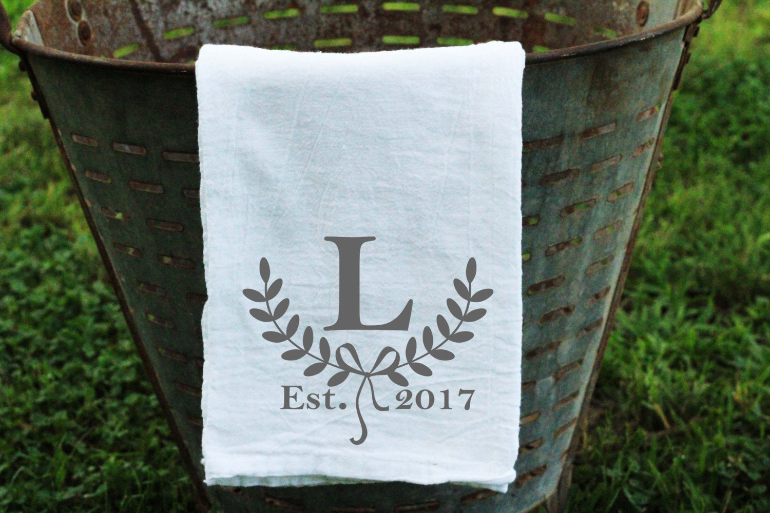 Laurel Wreath Personalized Flour Sack Towel with Initial and Est. Date - Returning Grace Designs
